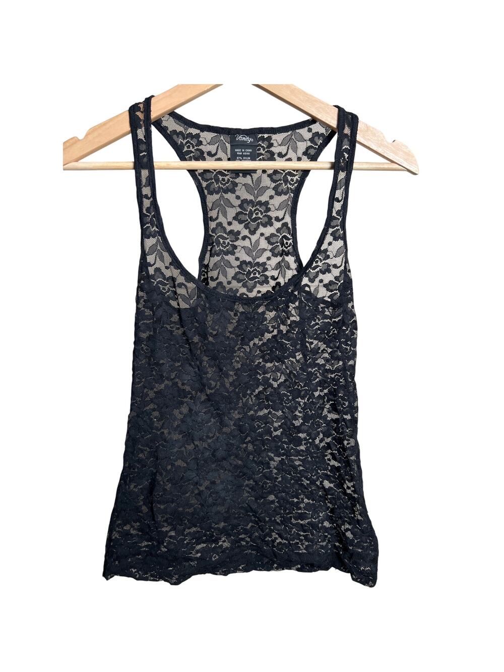 Y2K Vanity Small S Nylon Black Women Lace Floral Tank Top